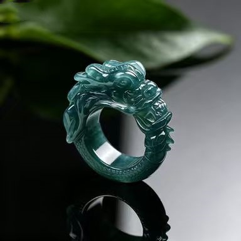 Rings - แหวนหยกเจไดต์เกรดเอ ลายมังกรน้ำสีฟ้า ดีไซน์หัวมังกรสามมิติที่แกะสลักอย่างประณีต โดดเด่นและมีสไตล์