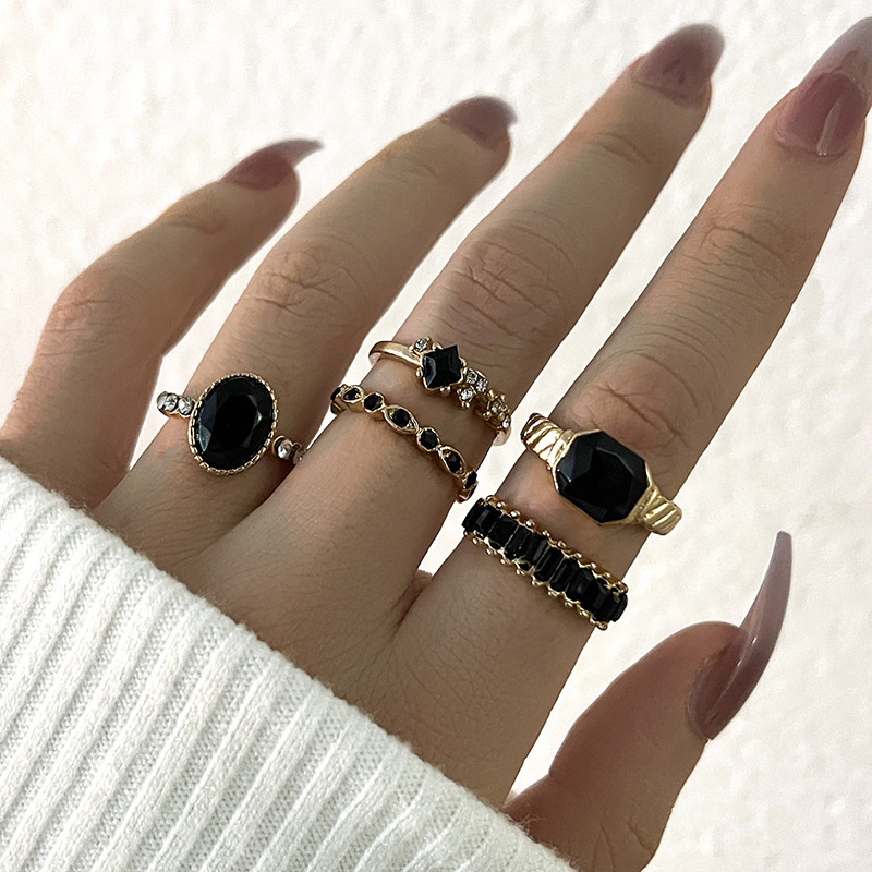 ชุดแหวนหินคริสตัลสีดำสไตล์เรโท - Vintage Punk Knuckle Rings Set บทวิจารณ์และราคา