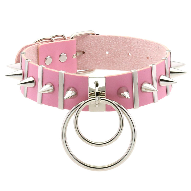 สีชมพูBondage Spike ChokerคอPu - Goth Punk Spike Choker บทวิจารณ์และราคา
